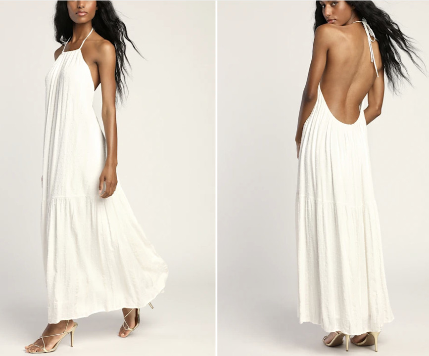 Lulus Downright Divine White Swiss Dot Halter Maxi Dress Open Back Med NWT