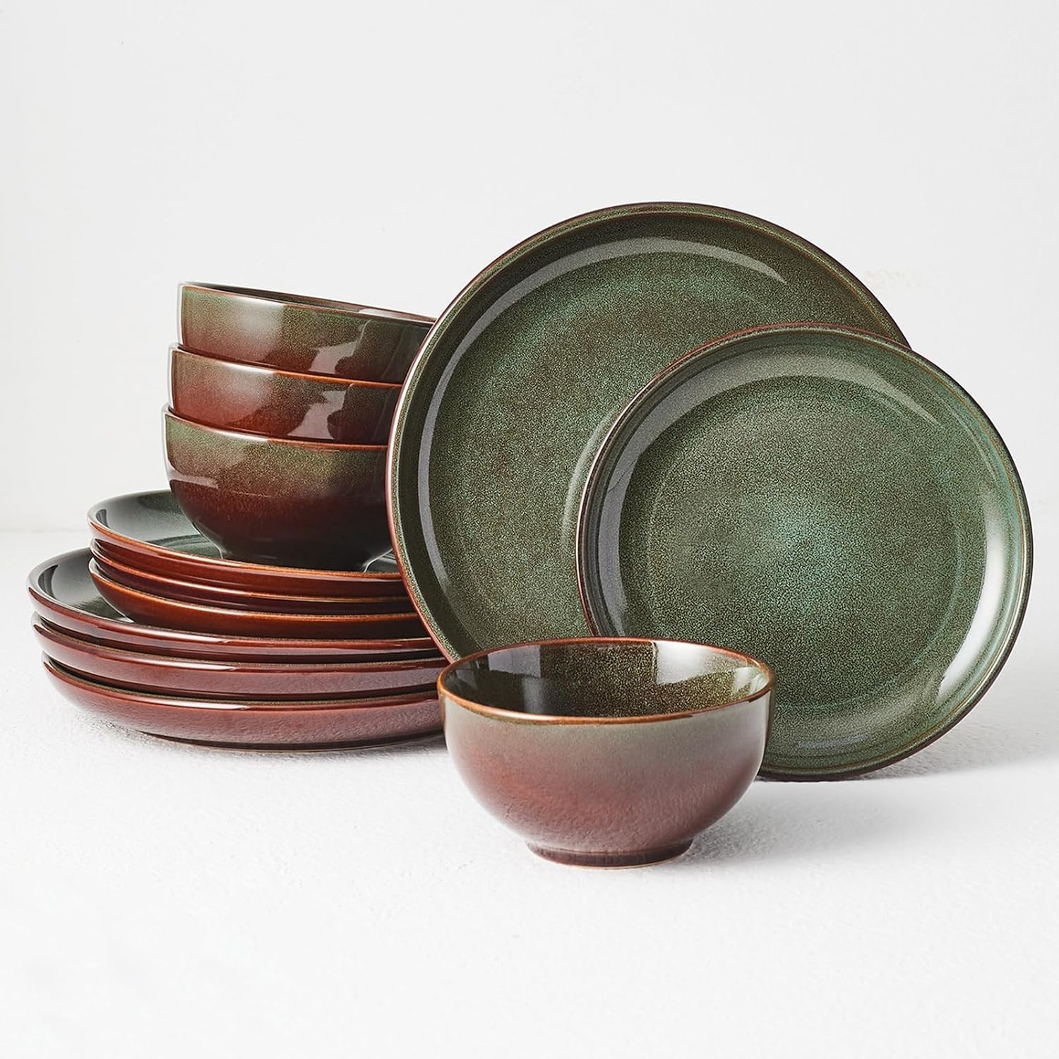 Pokini Stoneware Dinnerware Sets Service for 4, 12 pcs Reactive Glaze Plates ...