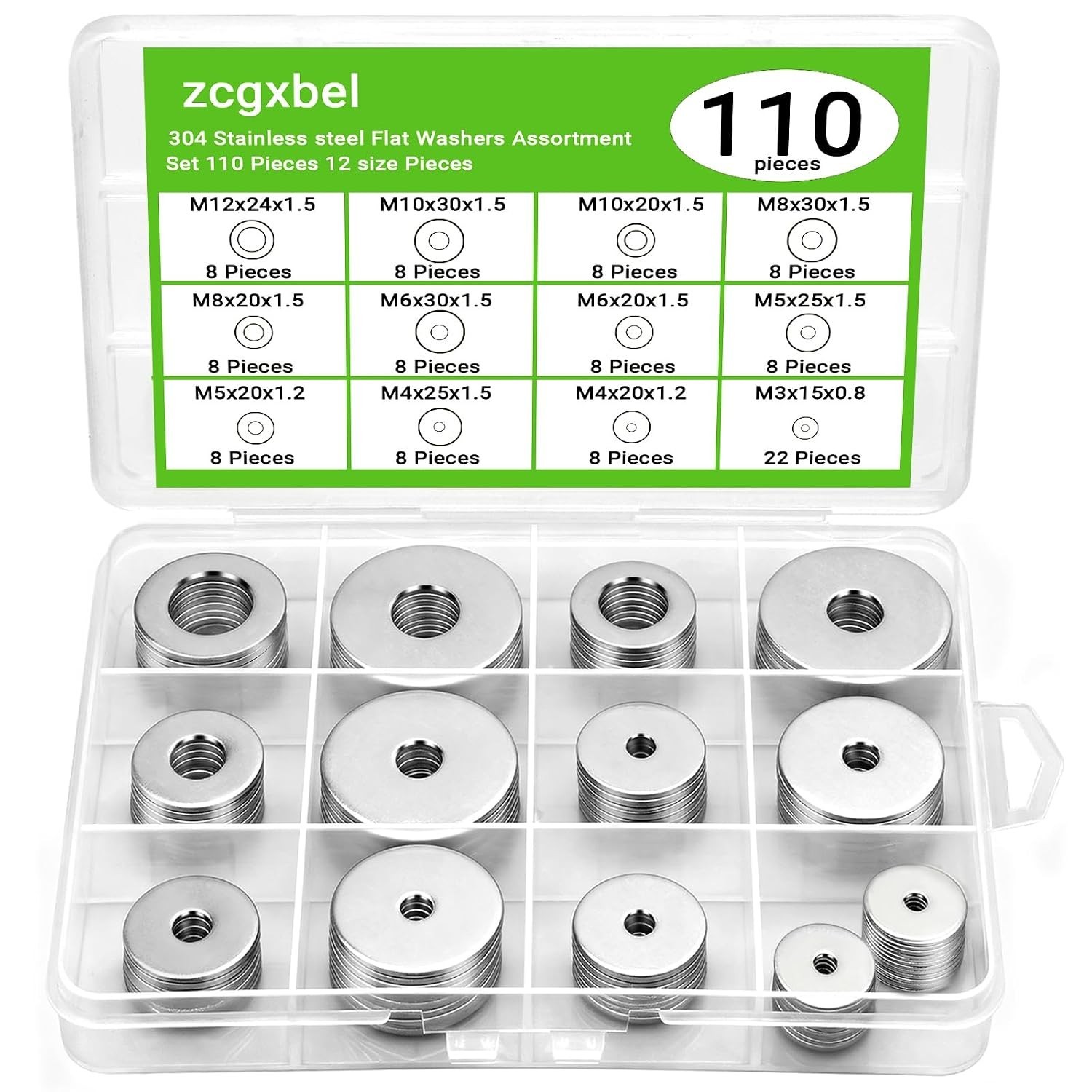 108Pcs 304 Stainless Steel Flat Washers, Fender Washers Assortment Kit 12 Sizes