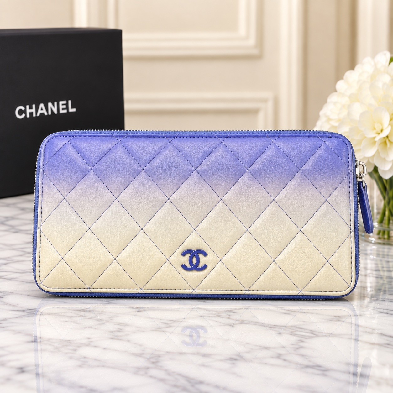 Authentic Chanel Iridescent Quilted Leather CC Zip Around Long Wallet Italy 