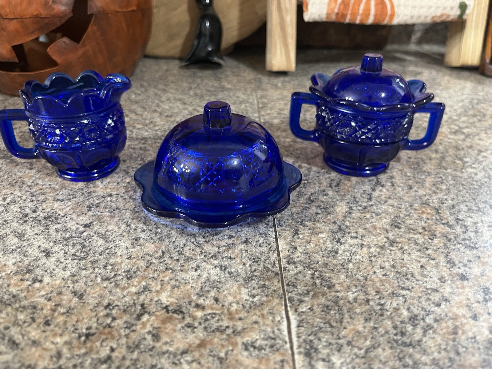 Vintage Cobalt Blue Glass Small Creamer and Sugar  and butter Set with Lids
