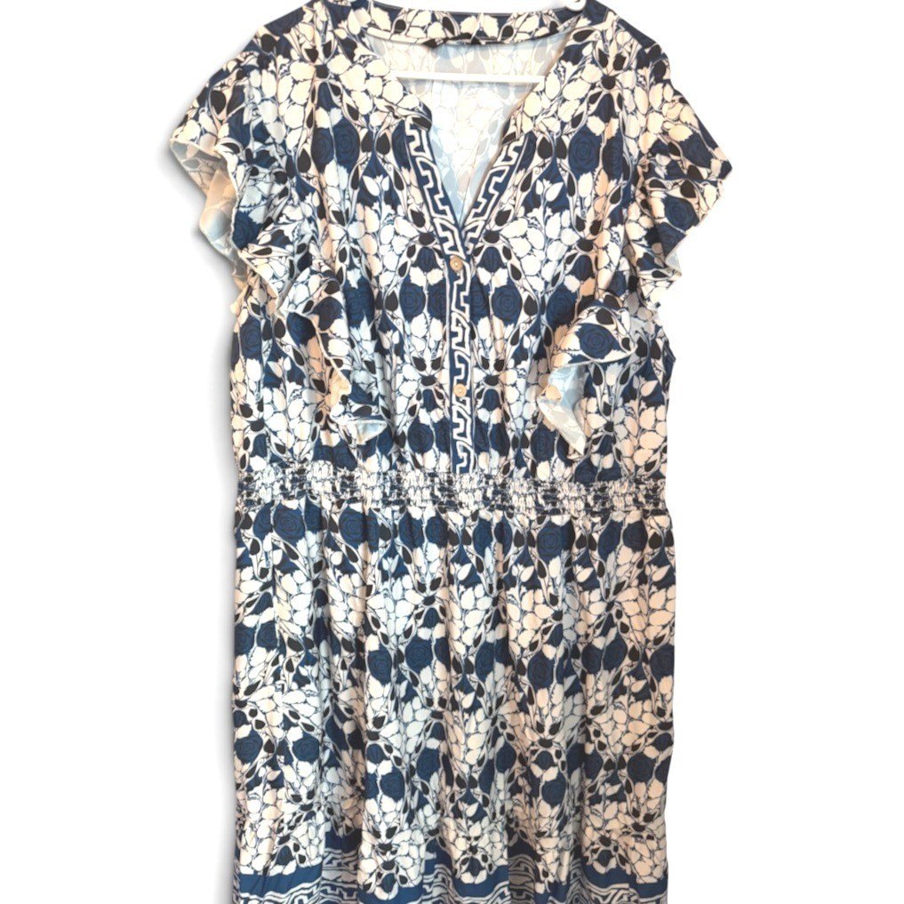BloomChic Size 28 Navy White Floral Dress Boho Ruffle Sleeve Smocked Waist NWT