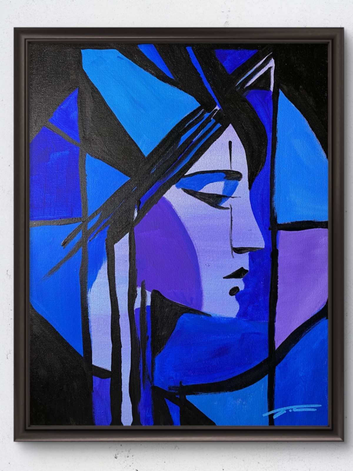 Original 14x11 Abstract Blue Cubist Female Portrait Painting Signed Canvas