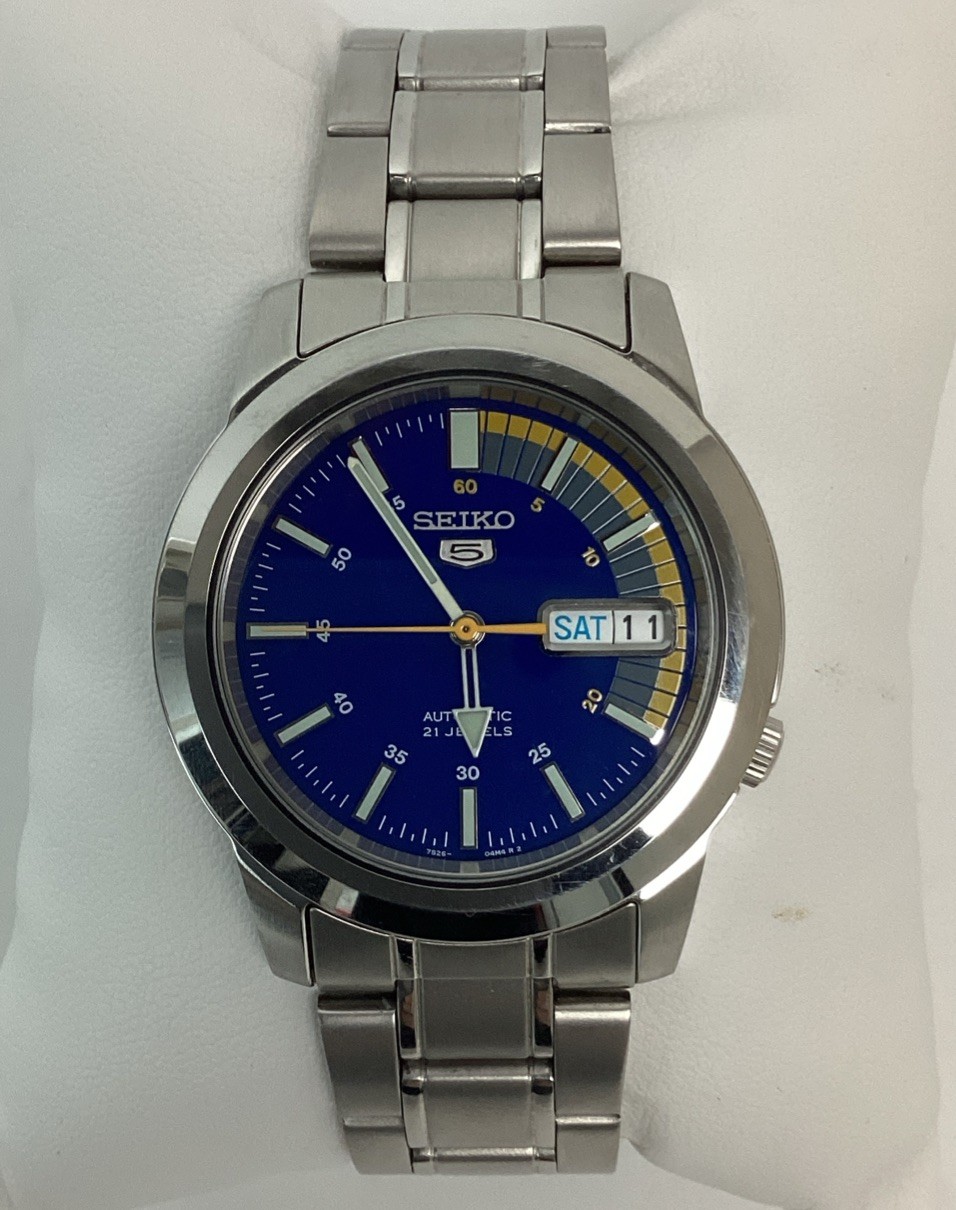 SEIKO 5 Men\'s SNKK27 Stainless Steel Blue Speed Dial Day Date Automatic Watch