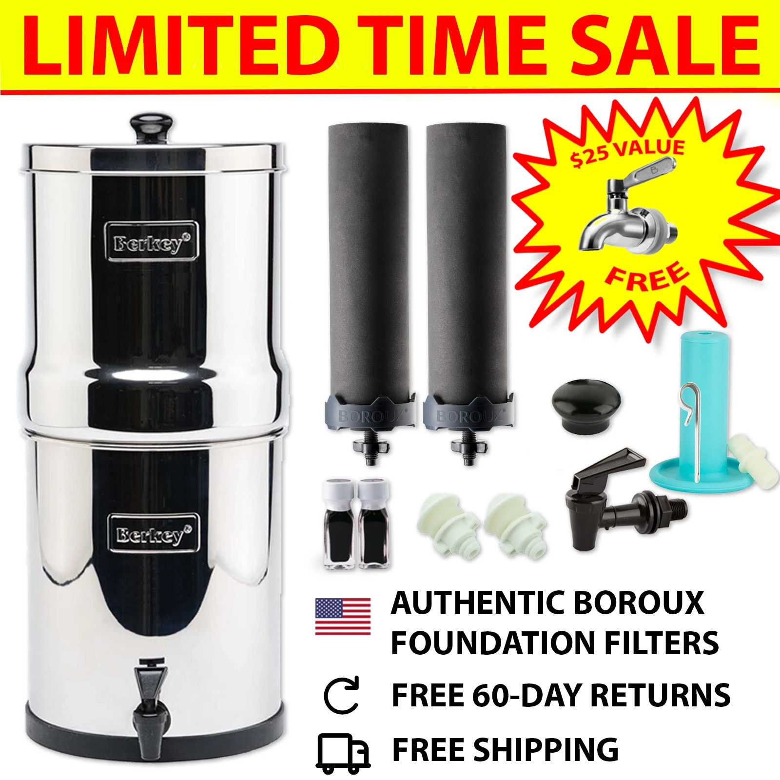 Crown Berkey 6 Gal Gravity Water Filter w/ 2 Boroux Foundation Black Filters