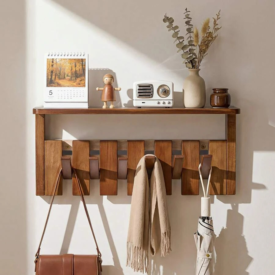 Senmeo Wall Mounted Coat Rack With Shelf, Solid Wood Floating Organizer With 6/8