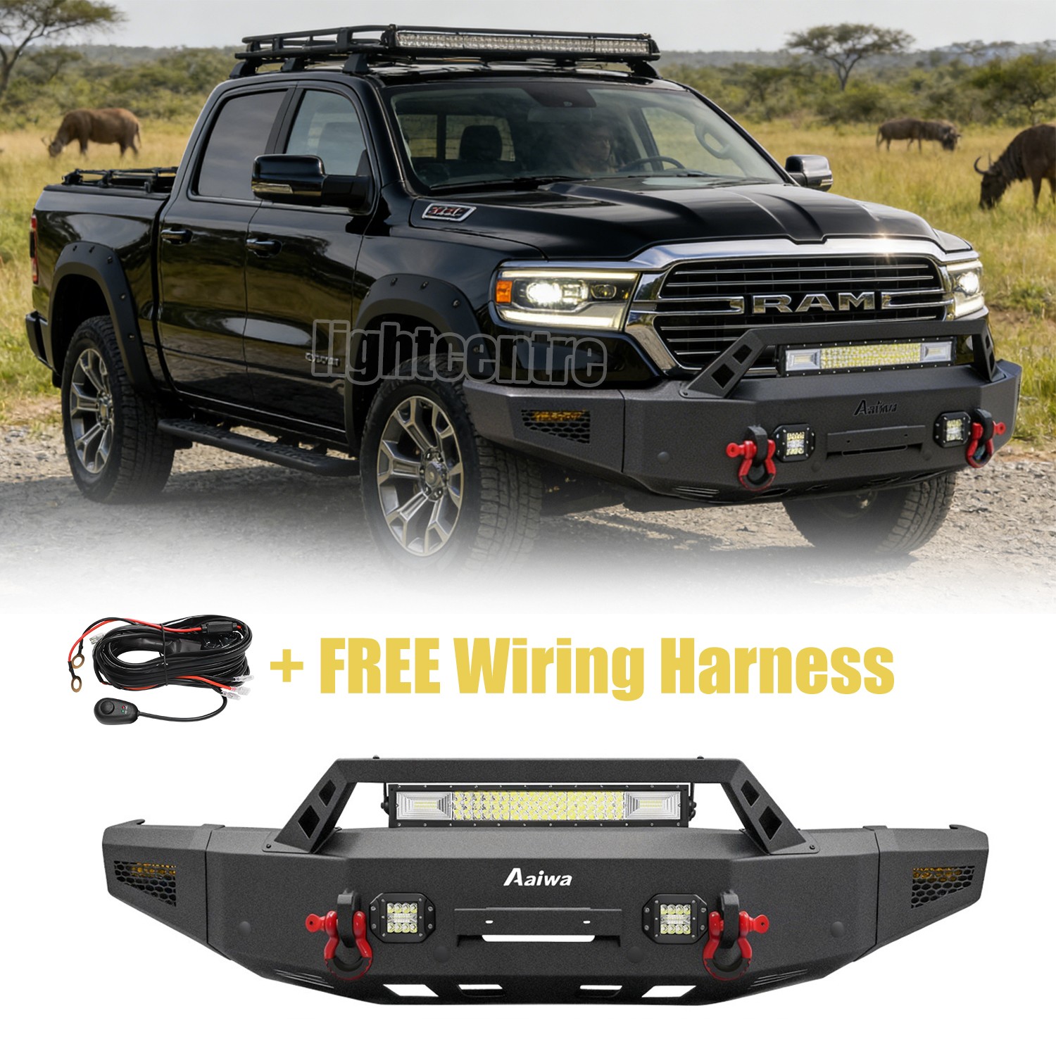Aaiwa Front Bumper For Dodge RAM 1500 2019-2024 Rebel With Winch Plate&LED Light