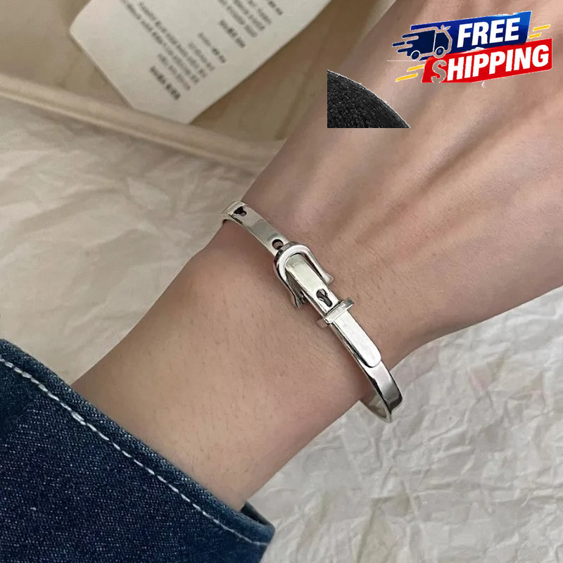 925 Sterling Silver Belt Buckle Bangle Bracelet Vintage Punk Cuff for Women