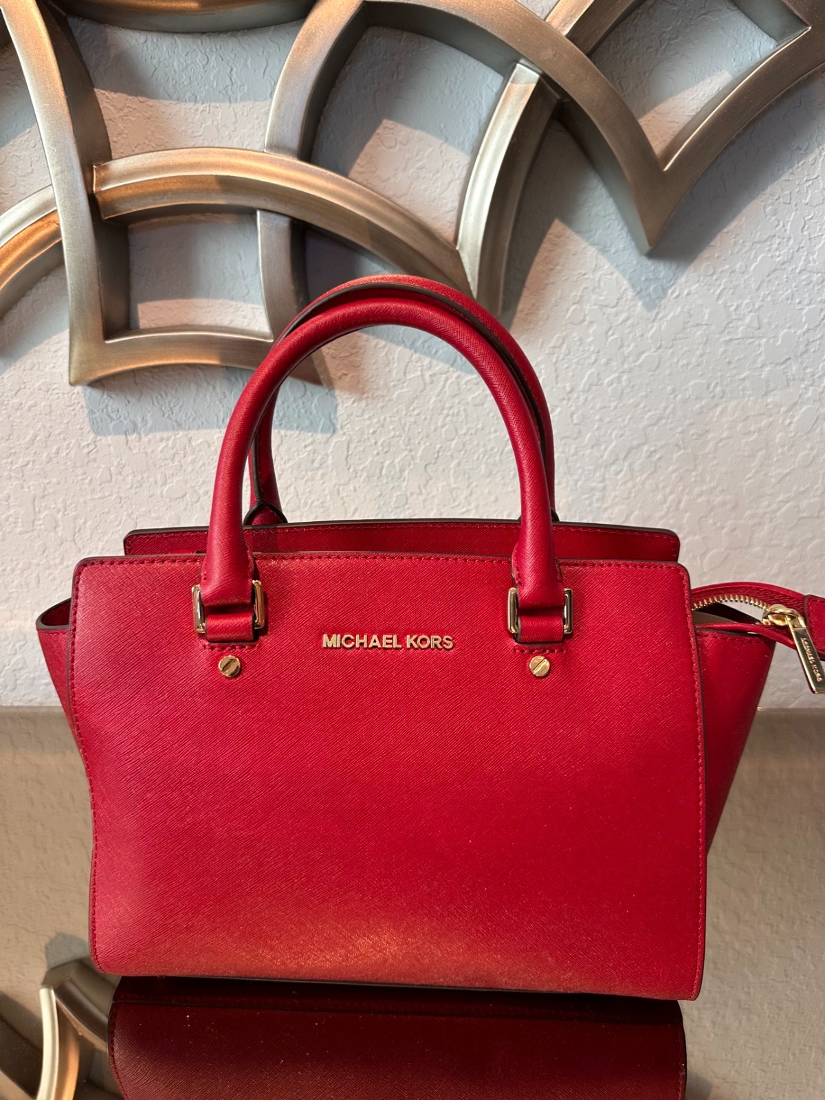 Michael Kors Selma Medium Top Zip Satchel Red Saffiano Leather NWT