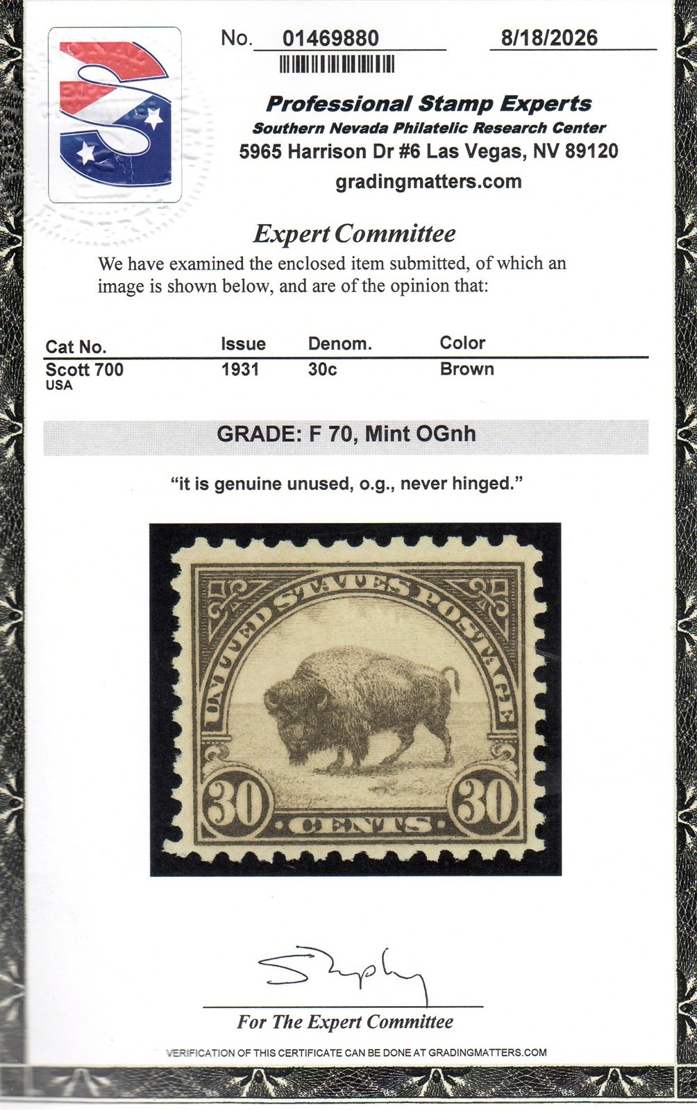 #700 1931 AMERICAN BUFFALO GRADE 70 SE CERTIFICATE 
