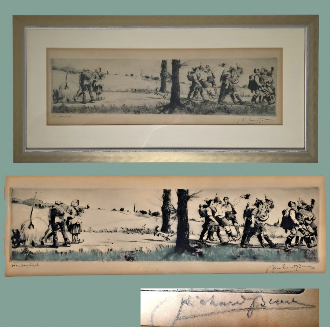 Richard Bloos Signed Wandervögel Etching German Hiking Scene Framed 1878–1957