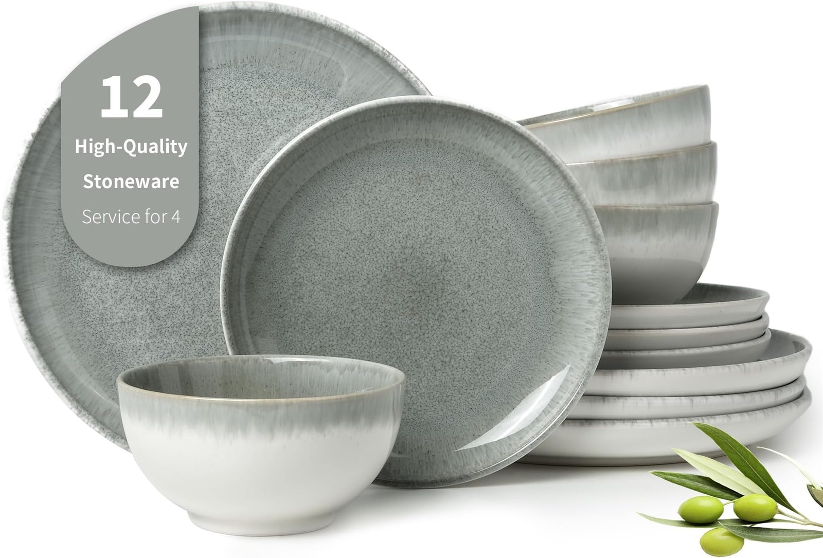Pokini Gradient Green Stoneware Dinnerware Sets, 12 pcs Reactive Glaze Plates... Pokini Gradient Green Stoneware Dinnerware Sets, 12 pcs Reactive Glaze Plates...