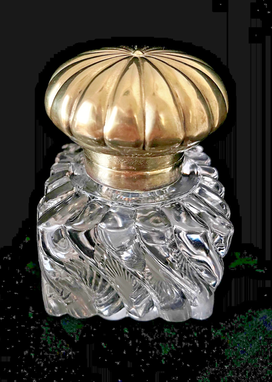 Antique 19th C. Crystal Swirl Inkwell-Sunburst Base-Brass Melon Dome Lid-1.6 Lbs