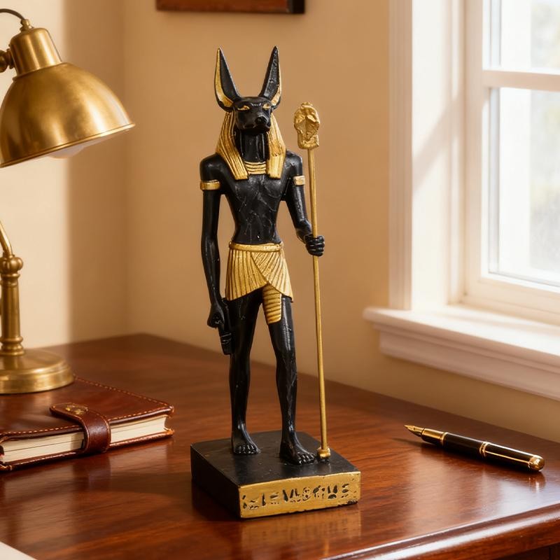 Egyptian Mythology Anubis Statue Jackal Figurine Black Gold Holding Staff 8.5 Egyptian Mythology Anubis Statue Jackal Figurine Black Gold Holding Staff 8.5