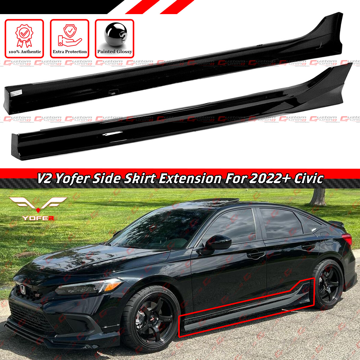For 22-26 Honda Civic Sedan Hatchback Yofer V2 Gloss Black Side Skirt Extension