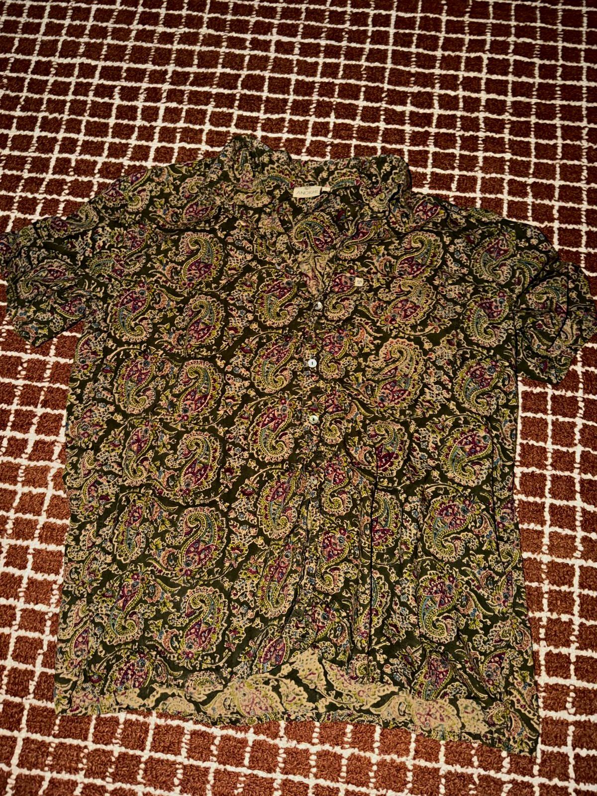 Anokhi Block Print Paisley Short Sleeve Button Down Shirt Large Olive Green