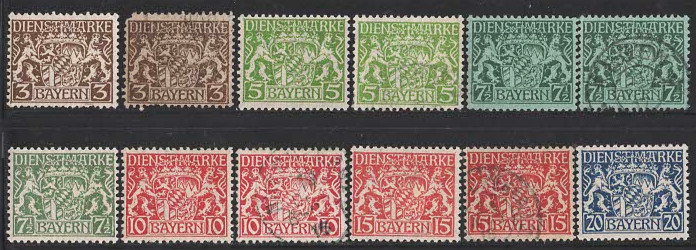 German States Bayern 1916-18 unused hinged and used stamps scott O6-O33