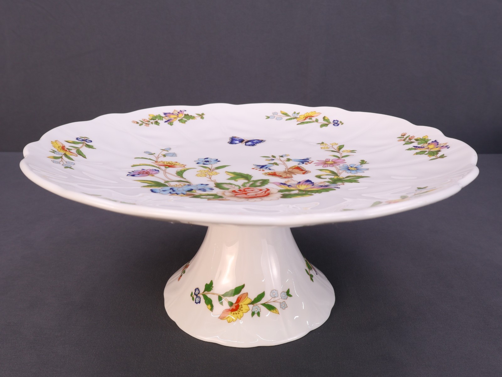 VTG Aynsley Cottage Garden Cake Stand Fine Bone China Floral Butterfly White