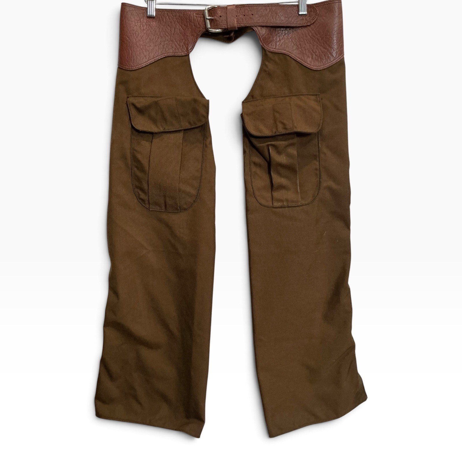 Vintage 70s 80s Motorcycle Chaps Canvas Leather Utility Cargo Biker Brown 36-40