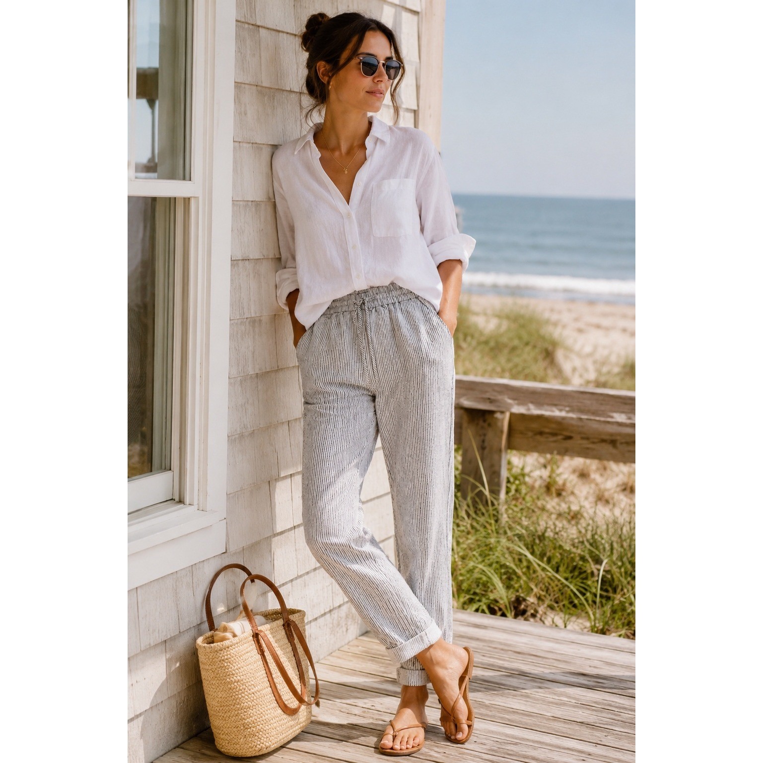 J.Crew Seaside Pant Striped Linen Blend Size 4 Navy White Ankle Pull On Coastal J.Crew Seaside Pant Striped Linen Blend Size 4 Navy White Ankle Pull On Coastal