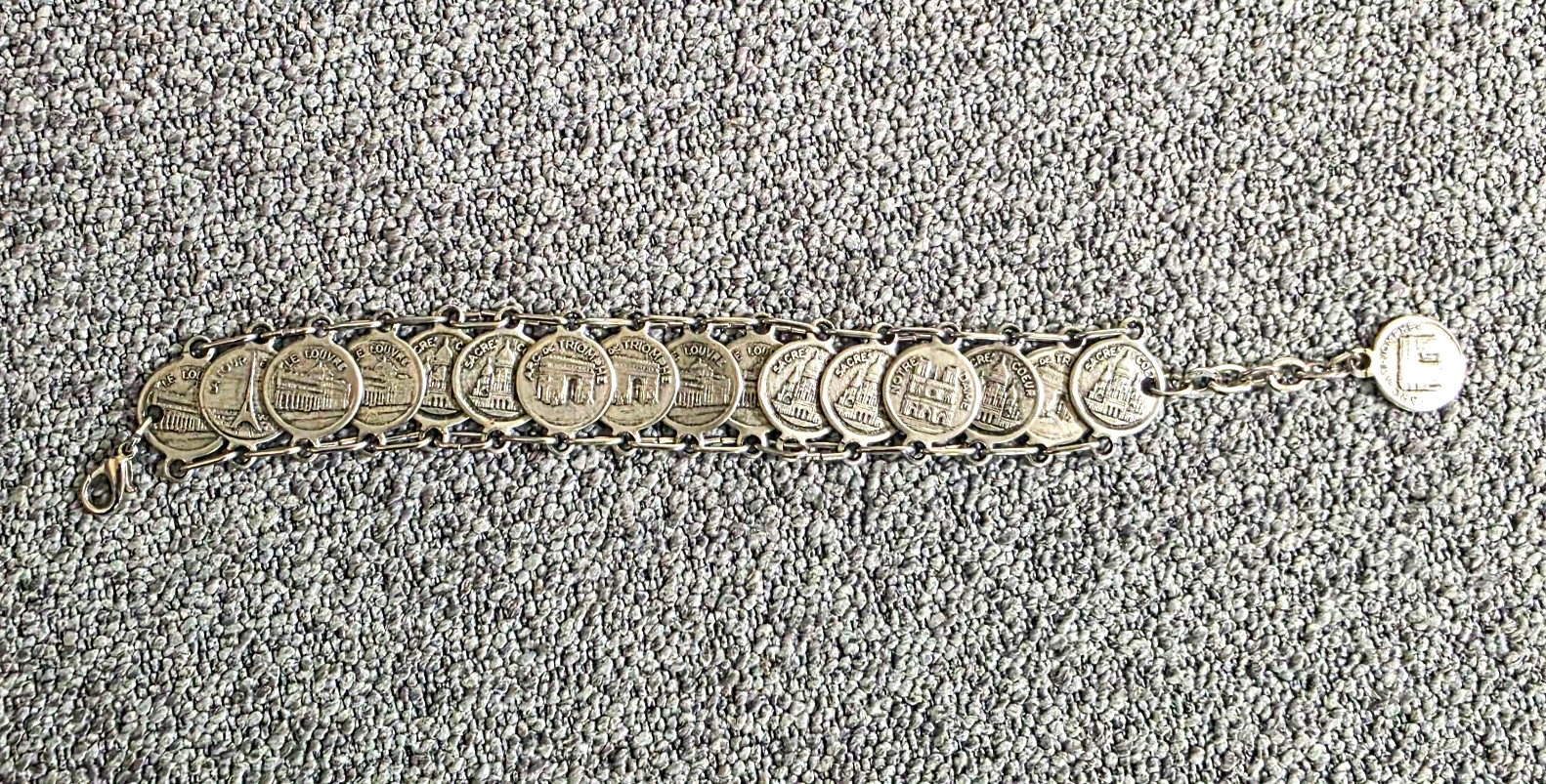 Vintage Paris Landmarks Coin Link Bracelet Eiffel Tower Louvre Sacre Coeur Silve