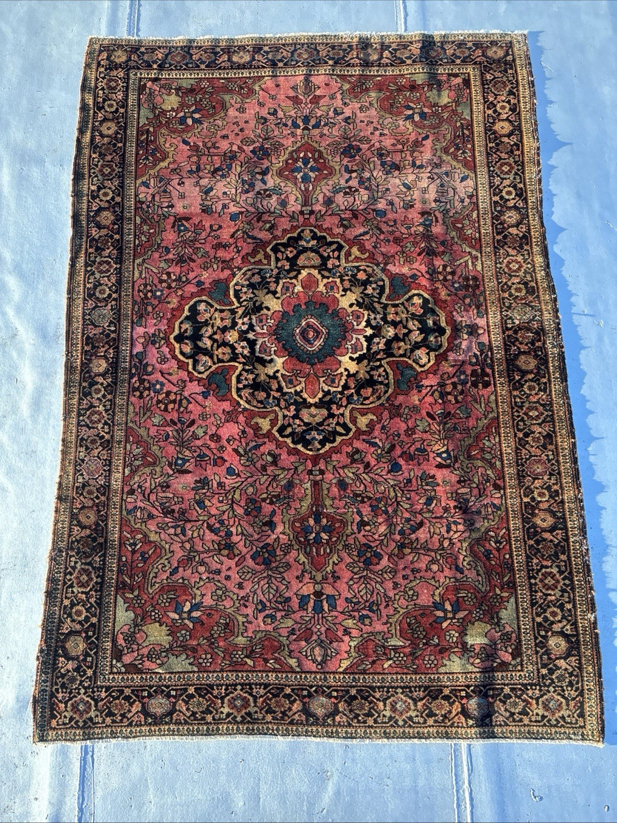Antique Ferahaan Sarrook 4 X 7 Circa 1890-1910 Rose Navy Peach Mocha Antique Ferahaan Sarrook 4 X 7 Circa 1890-1910 Rose Navy Peach Mocha
