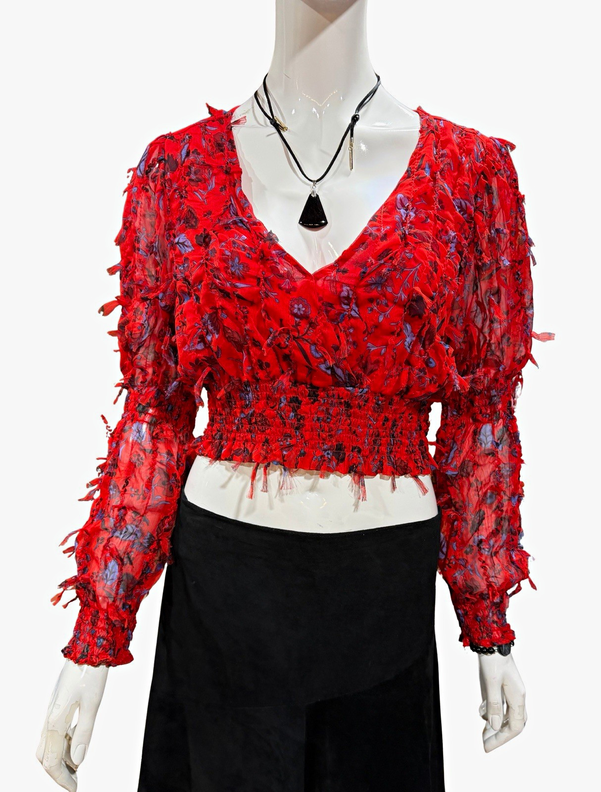 Zara Women’s Long Sleeve Cropped Blouse V-Neck Smocked Floral Red L