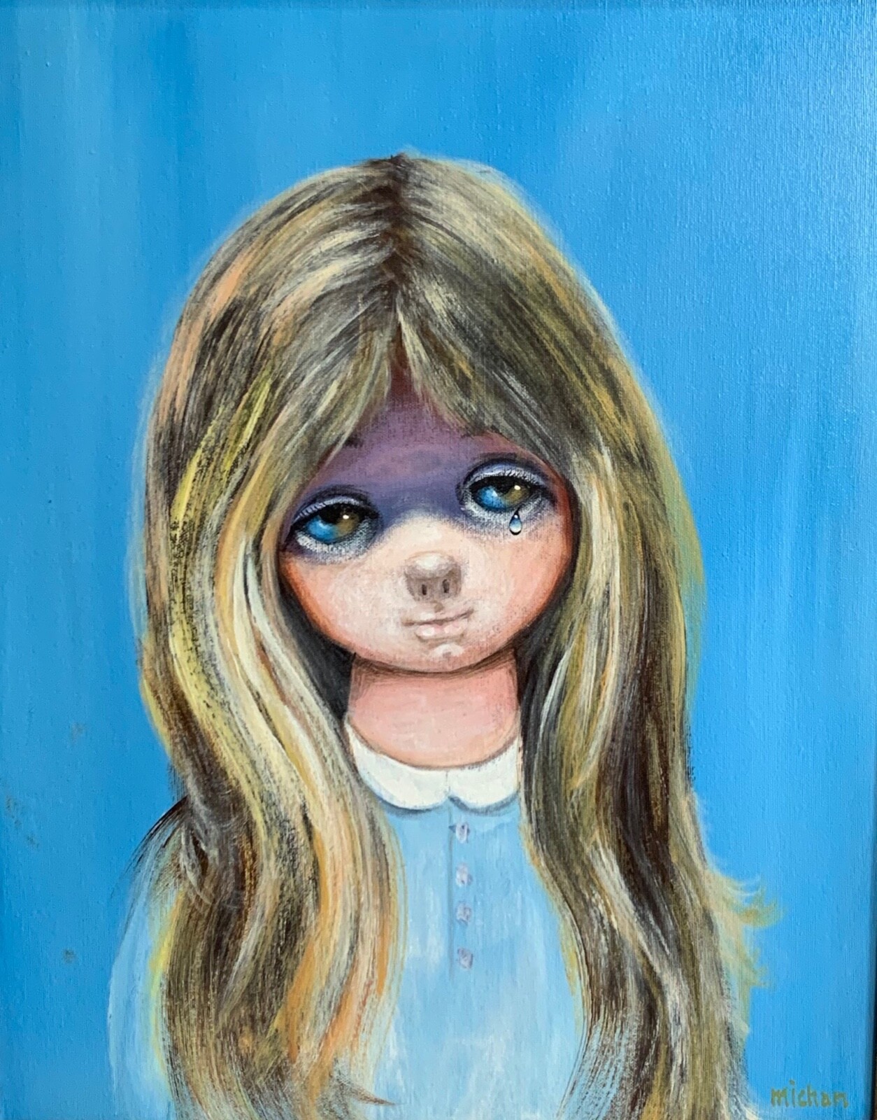 Vintage Paul Michan Weeping Wanda Oil Painting Sad Eyes Mid Century Keane Kitsch