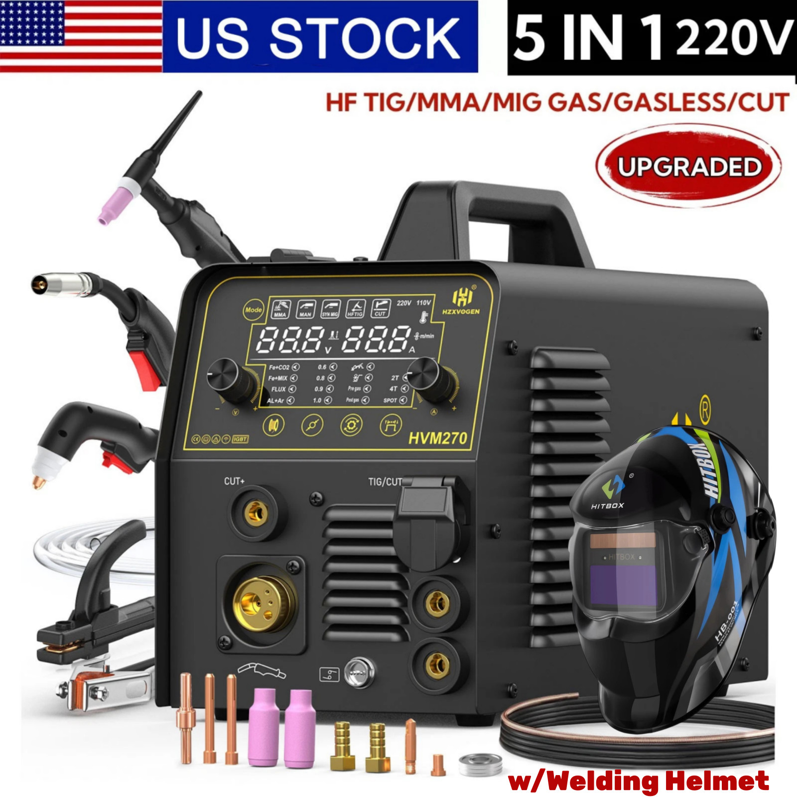 250A 220V Aluminum MIG Welder w/MIG/CUT/TIG/MMA/Spot Welder &Auto Darkening Mask