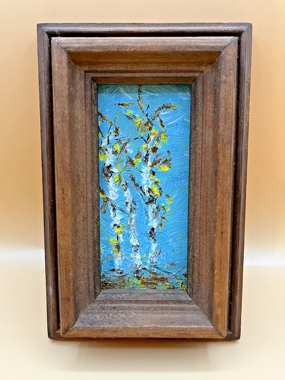Small Original Oil Painting Birch Trees Impasto Blue Sky Deep Wood Frame
