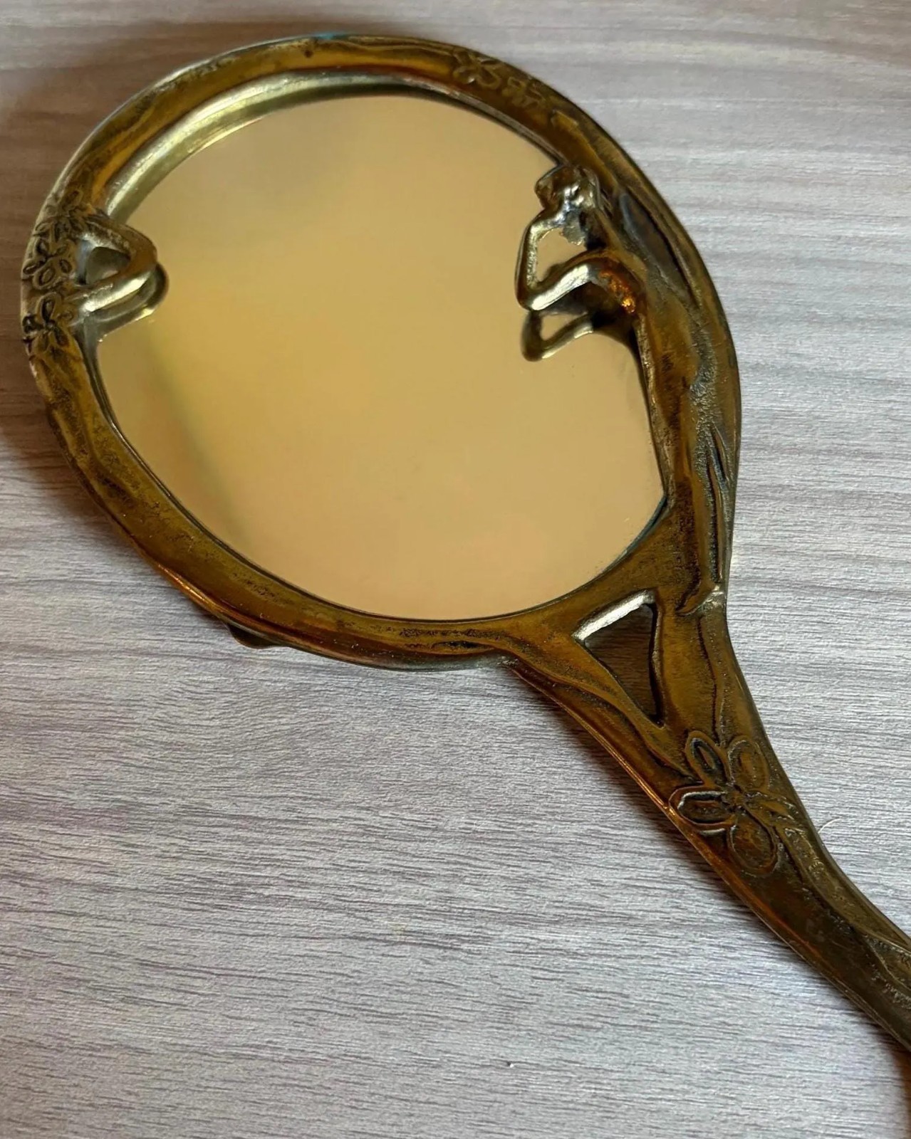Art Nouveau Brass Hand Mirror Liberty Style Woman Motif. Vintage Italian Vanity