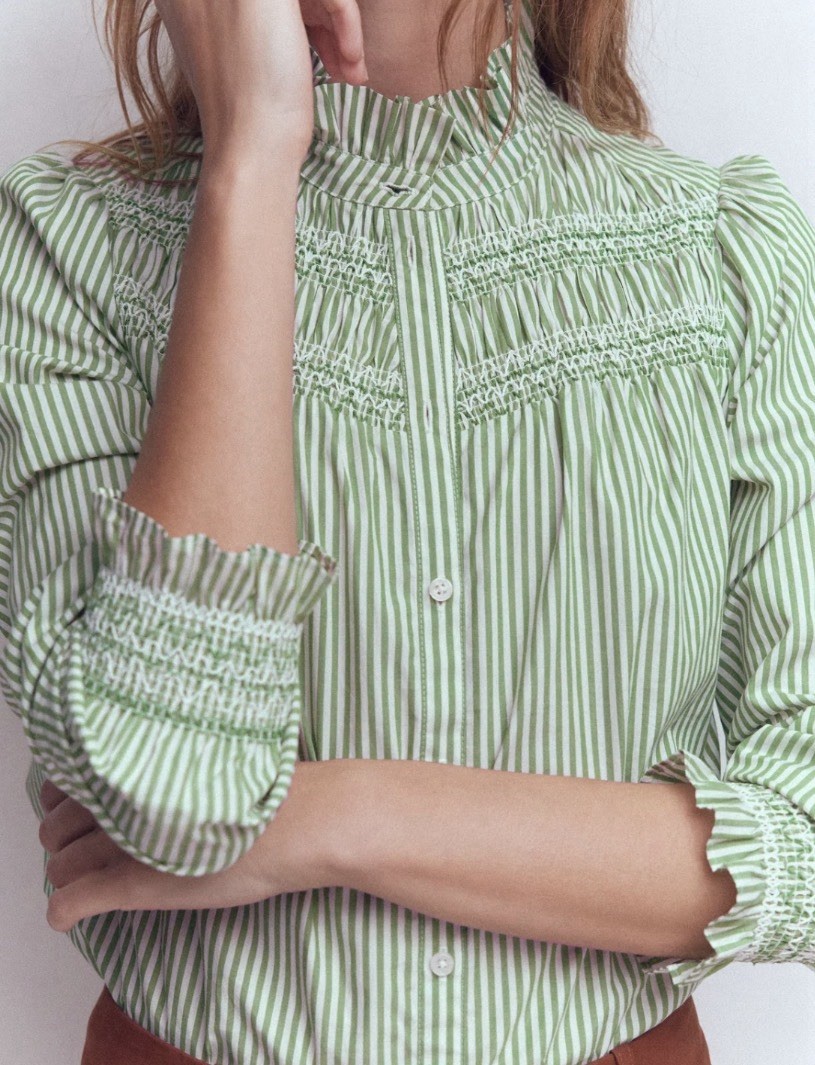 Boden Edme Smocked Detail Frill Top Highland Green Size 6 NWT
