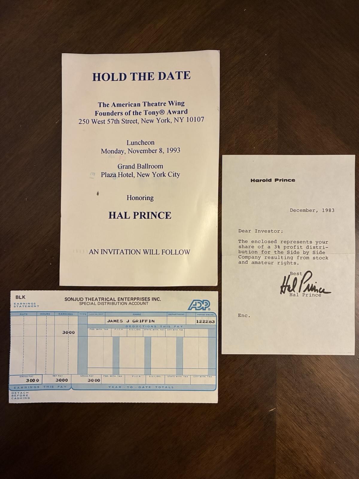 Hal Prince Broadway Producer Personal Note & Theatre Wing Honors Card