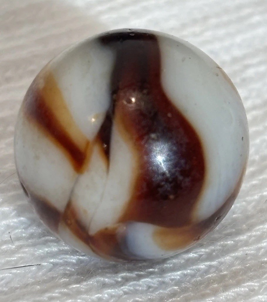 Vintage Peltier MILLER BURNT RED ZEBRA Glass Marble Reddish Brown Amber (0.61”)