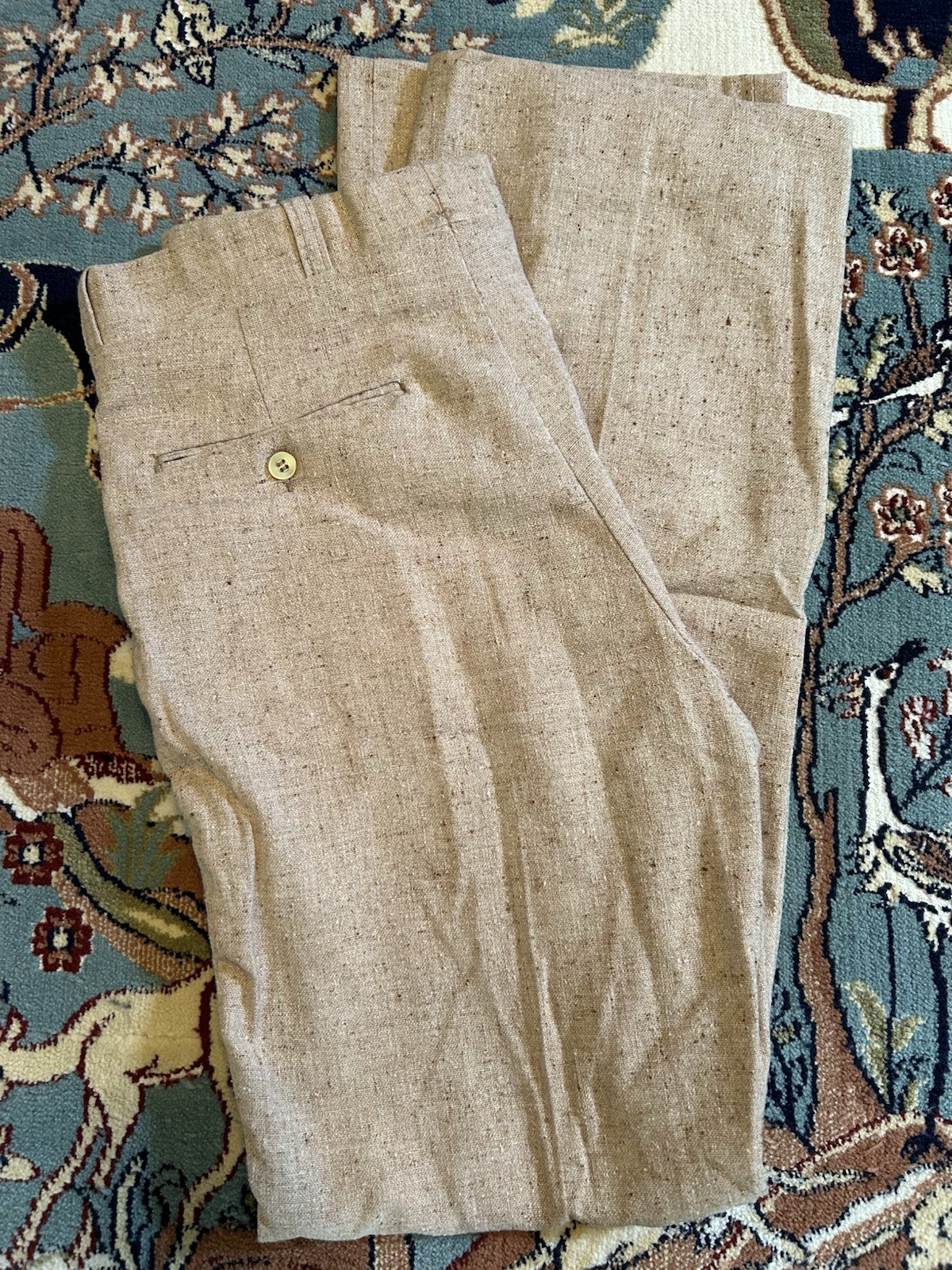 1970s True Vintage Cotton Twill Textured Beige Disco Flared Pants, 30x34 1970s True Vintage Cotton Twill Textured Beige Disco Flared Pants, 30x34