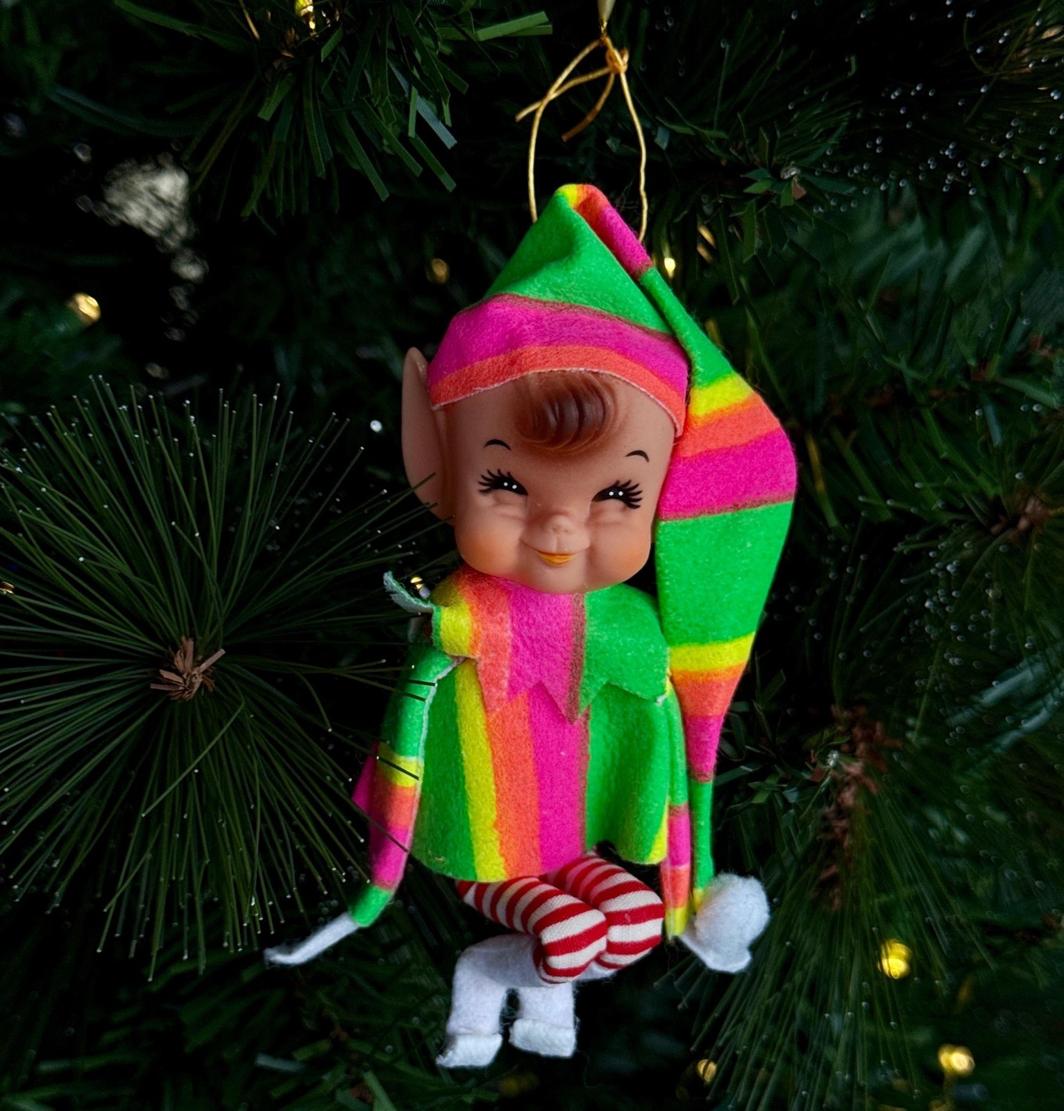 1950s Rare Original Japanese Knee Hugger Pixie Elf Neon Suit Christmas Ornament 1950s Rare Original Japanese Knee Hugger Pixie Elf Neon Suit Christmas Ornament