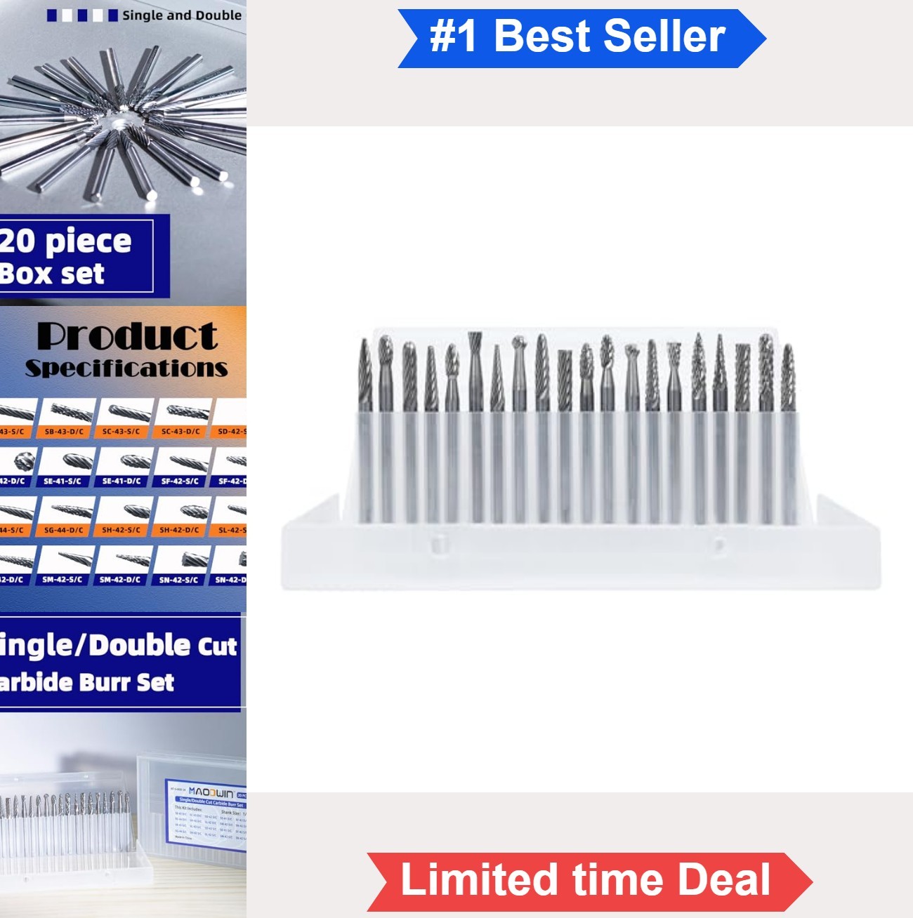 Tungsten Carbide Burr Set 20 Piece 1/8 Inch Shank Double Cut Rotary File for