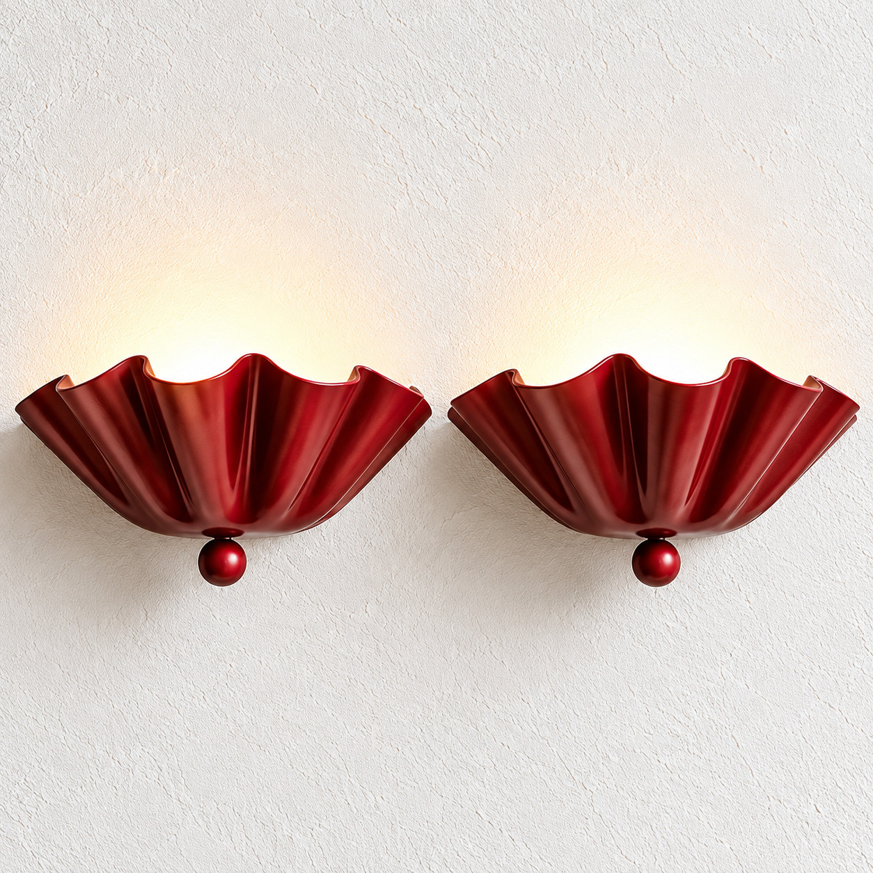 Pair Burgundy Scalloped Wall Sconce, Handmade Red Wall Light Vintage Mid Century