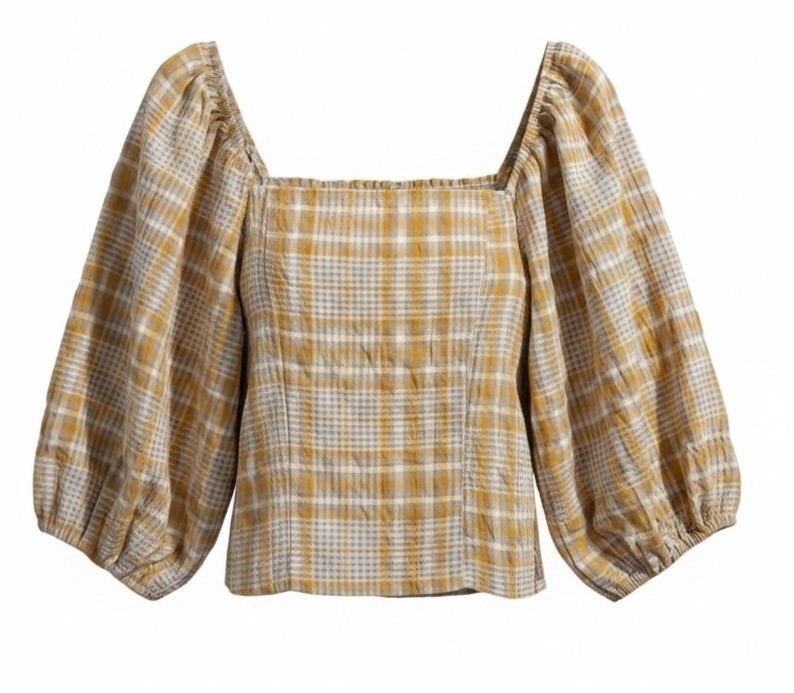 Maeve Anthropologie Yellow Plaid Square-neck Puff Sleeved Smocked Top Size S
