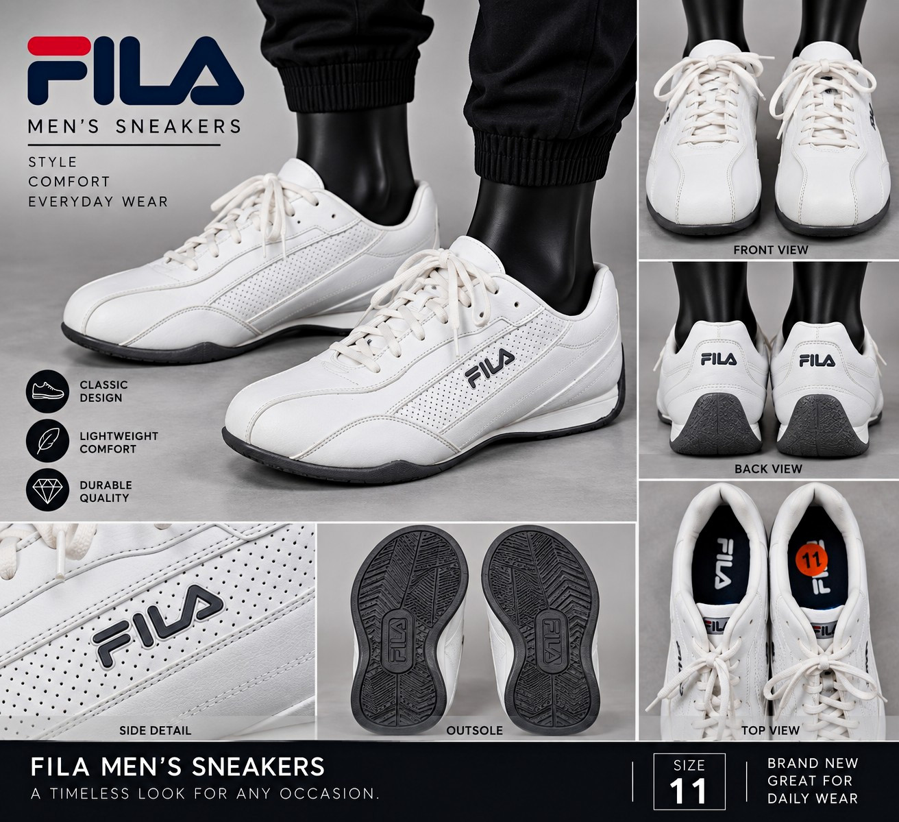 FILA Men\'s Lightweight Low Top Lace-Up Sneakers White/Black 1SD15025-164