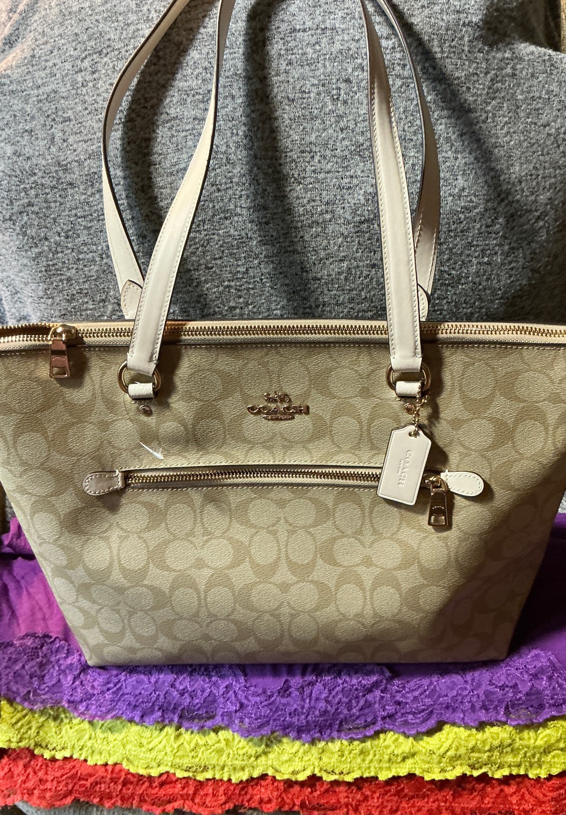 Coach Gallery Natural SIG Coated Canvas Bone Leather Trim Zip Tote & Shopper