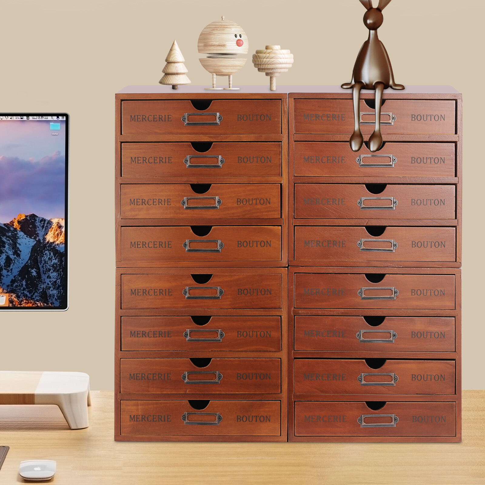 Vintage Library Desk Drawer Organizer - Wooden Storage Box With 16 Drawers Retro