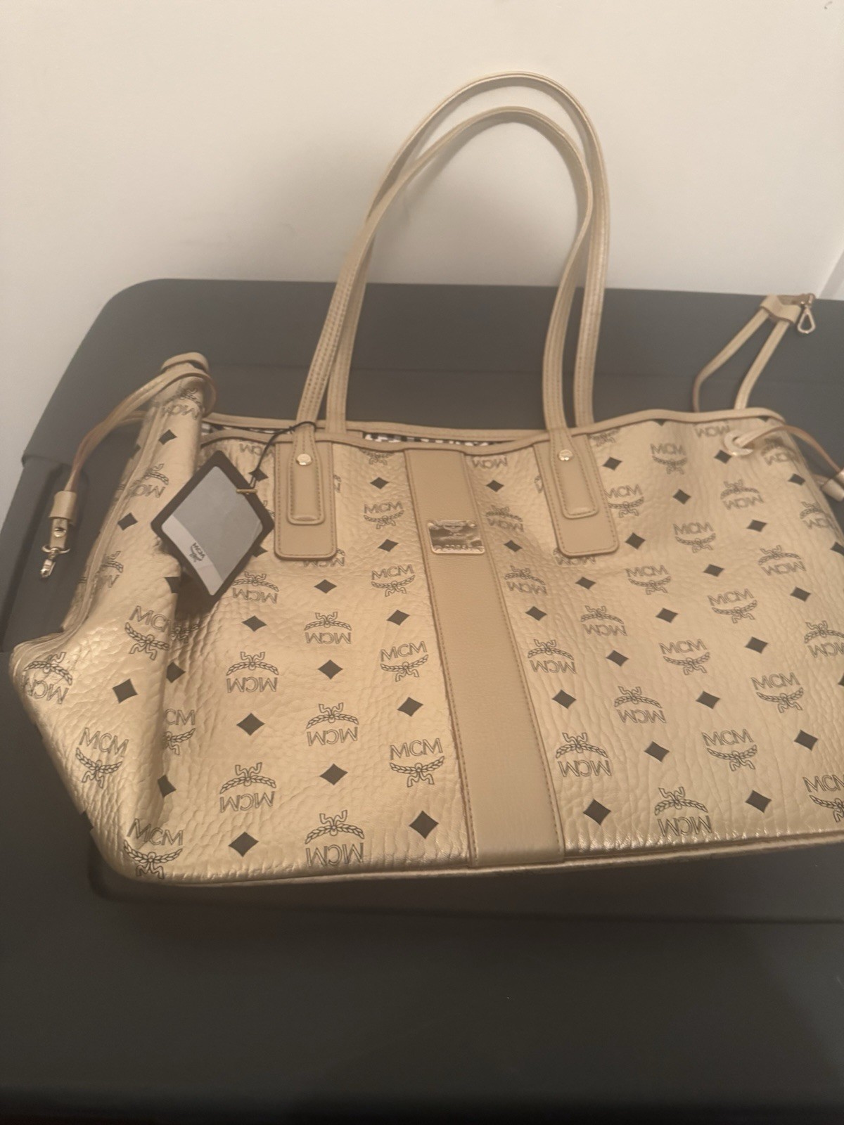 MCM Visetos Monogram Tote Bag Large Beige Gold Hardware MCM Visetos Monogram Tote Bag Large Beige Gold Hardware
