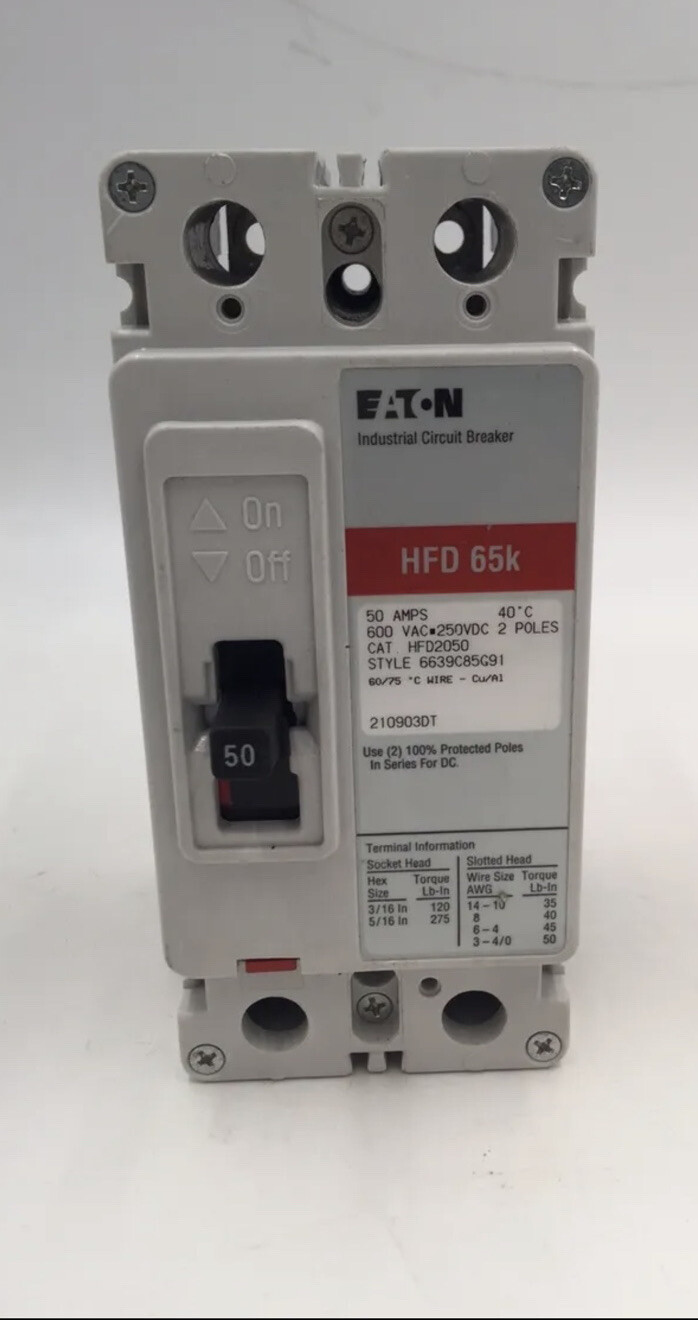 EATON HFD2050, 50 Amp, 600 Volt, 2P, 65K, Red Circuit Breaker New Pull Out