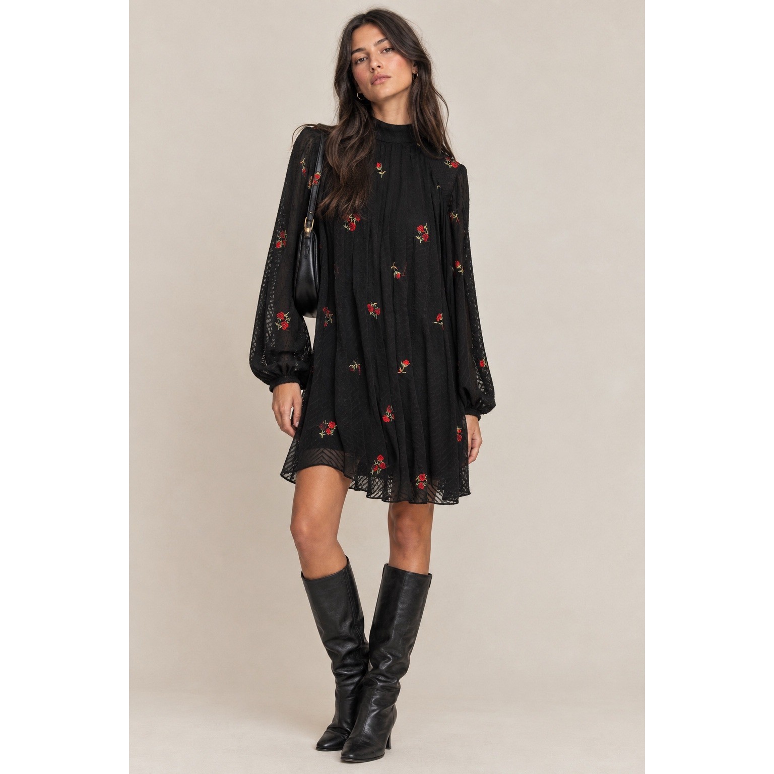 ASOS DESIGN Rose Embroidered Mock Neck Mini Dress Black Red Floral US 8