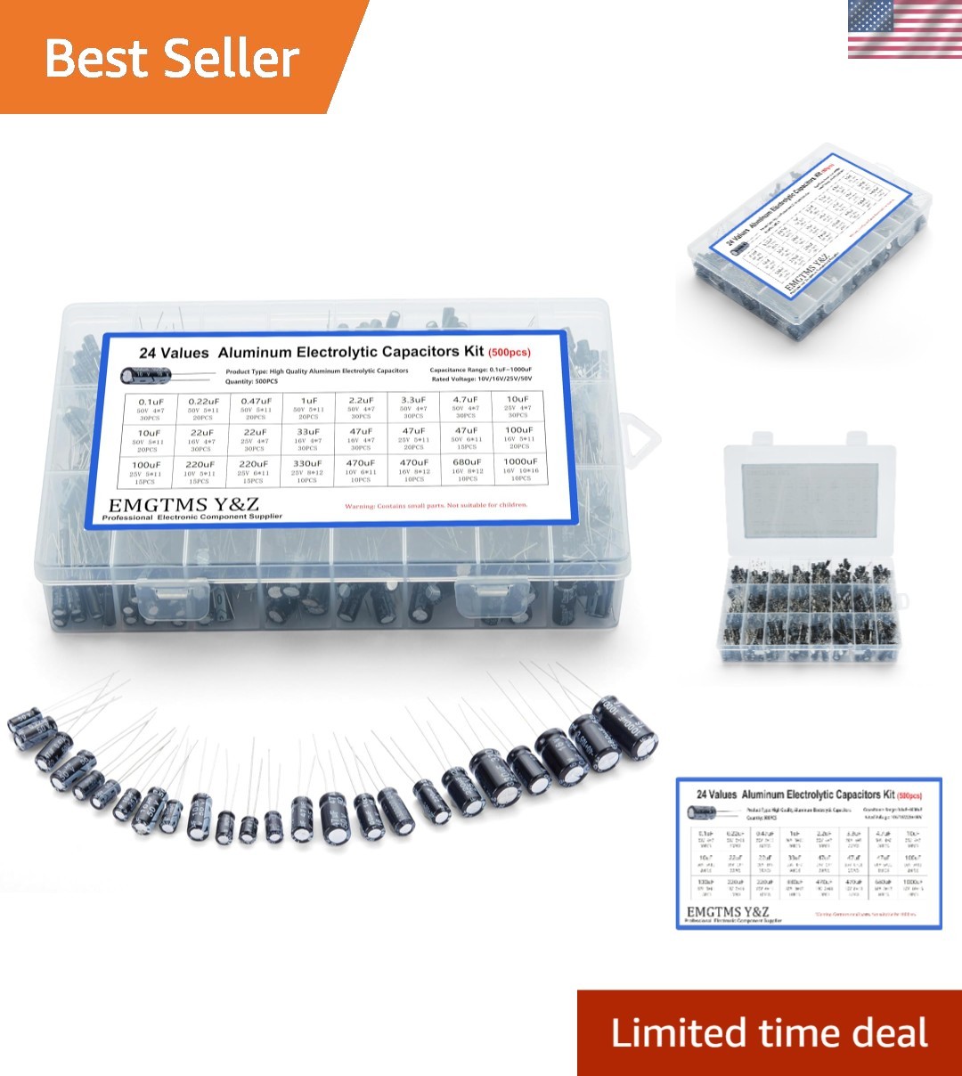 500pcs 24-Value Aluminum Electrolytic Capacitors Assortment Kit | 0.1uF-1000u...