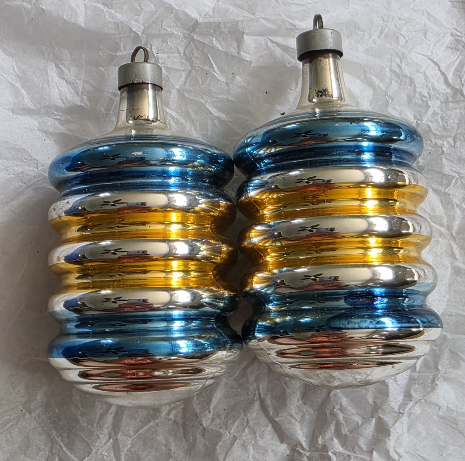 2 Vintage Premier Mercury Glass Blue Gold Lantern Barrel Christmas Ornaments