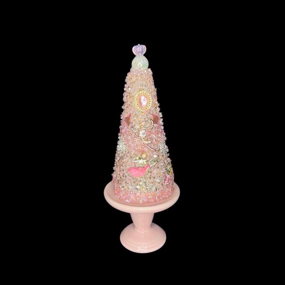 Handmade Bejeweled Tree Made W/Vintage Jewelry With Stand Pink
