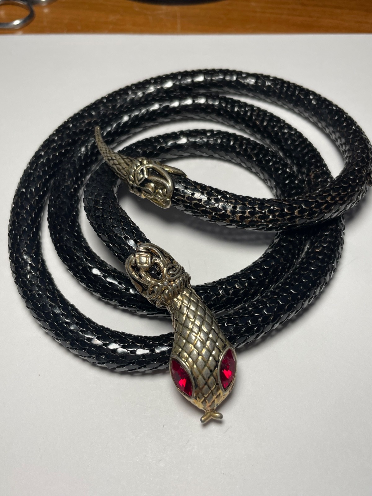 Vintage 1920\'s black metal mesh snake belt with red rhinestone eyes