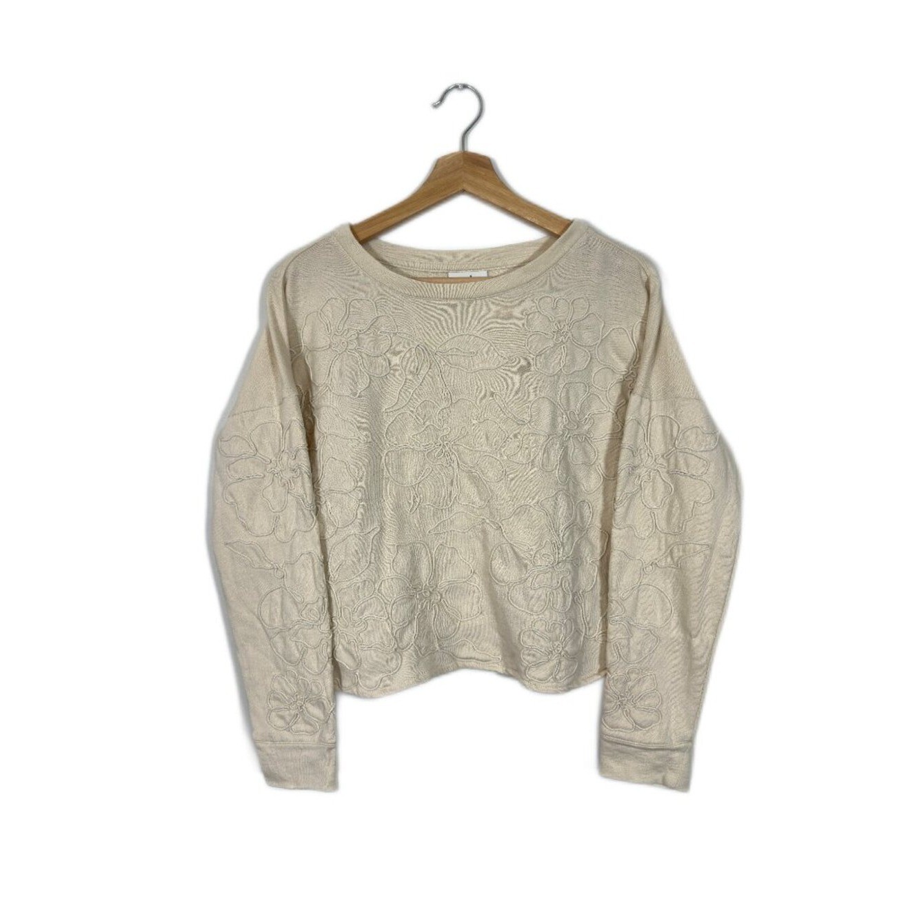 J.Jill Women\'s Floral Embroidered Sweatshirt Size XS Petite Cream Casual Cozy